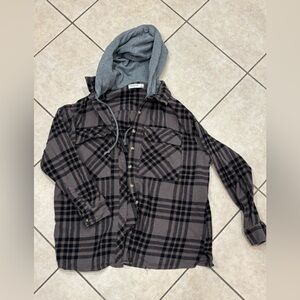 Arizona Jean Company Gray and Brown Plaid Shirt with Hood